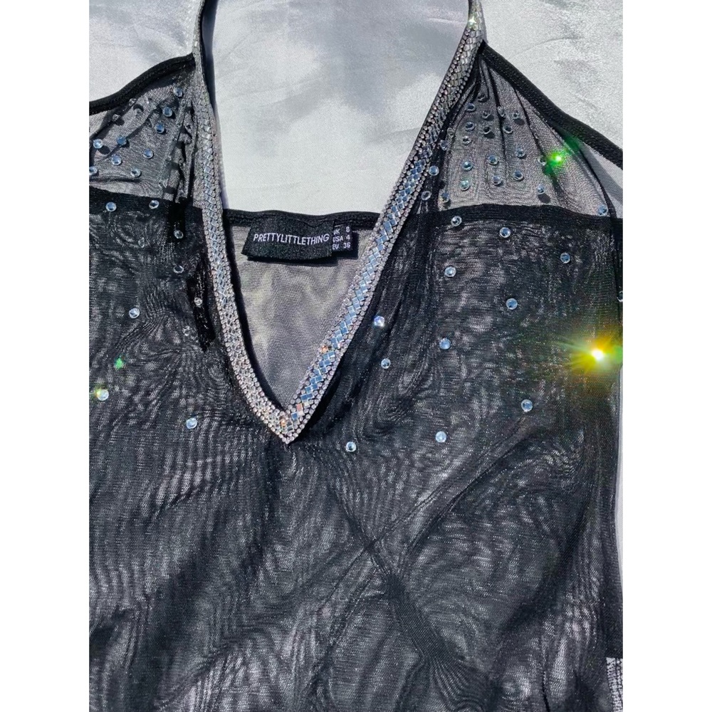 Pretty Little Things Black Diamanté Trim Sheer Mesh Bodysuit - Picture 3 of 4